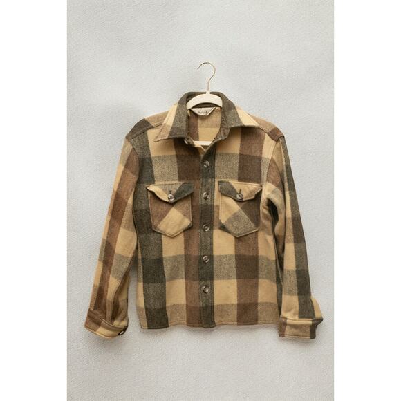 Woolrich Wool Shirt Jacket M — Big Check Plaid Workwear Overshirt (Tan/Brown) - Picture 1 of 4